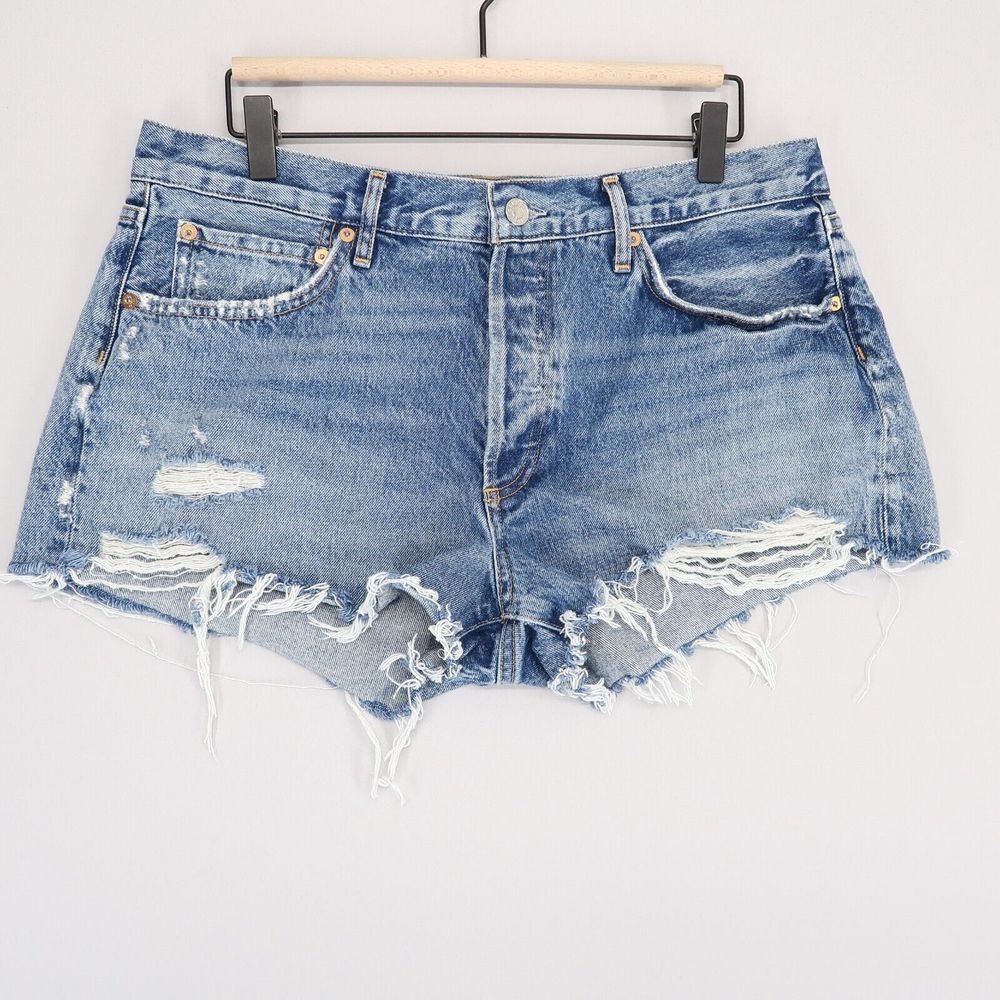 AGOLDE Parker Cut Off Jean Shorts Womens 31 Blue Distressed Button Fly